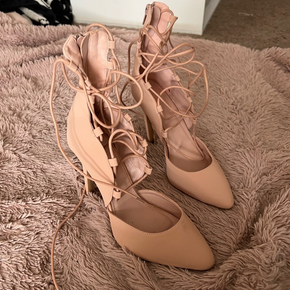 Baby pink lace up heels